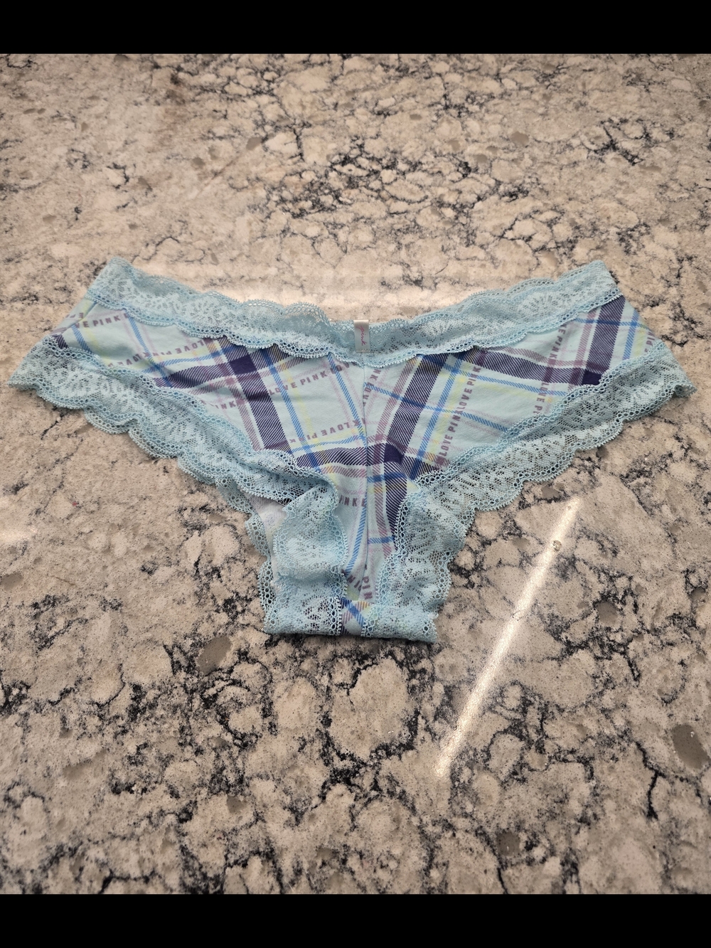 PINK Victoria's Secret Light Blue Plaid Lace Trim Bikini Panty